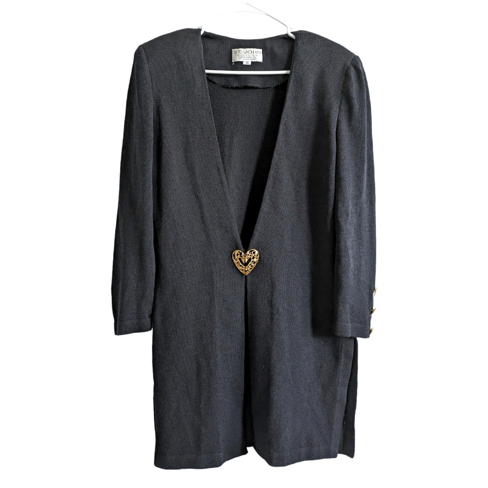 St. John Collection Heart Clasp/Ornaments Black Knit Long Cardigan Size 10